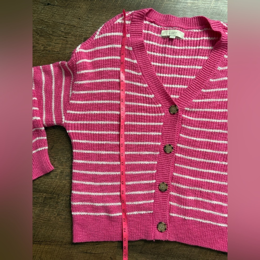 LOFT Striped Relaxed V-Neck Cardigan sweater pink & white preppy casual sz L - Picture 8 of 16